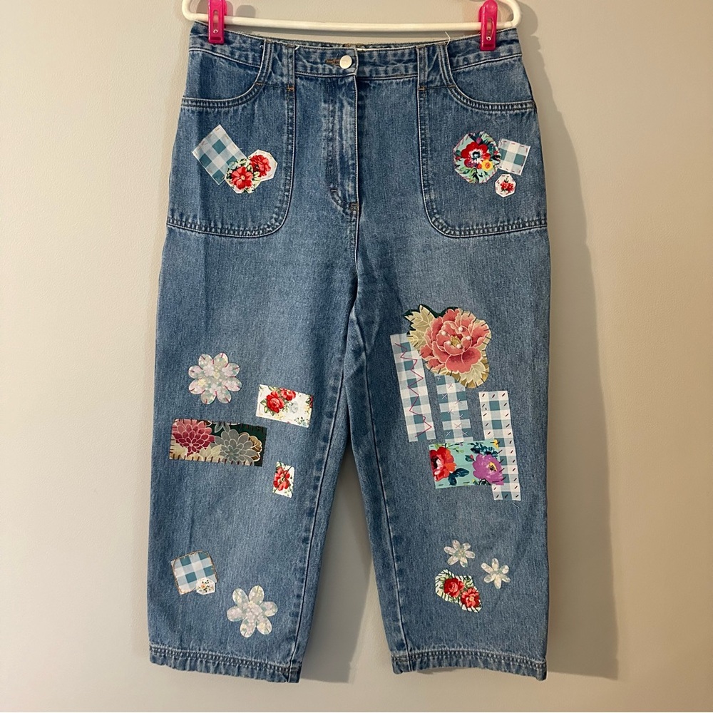 Sonoma Capri jeans, size 10 up cycled mixed media Boho, Handstitched OOAK love